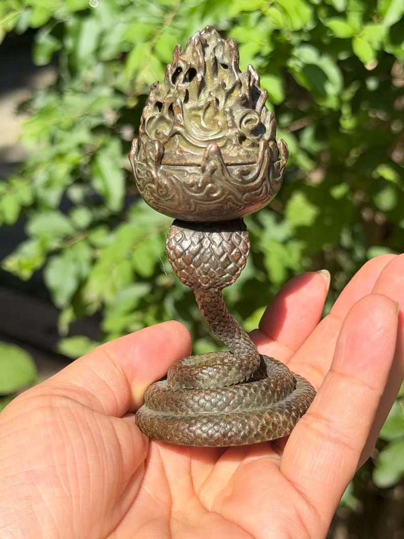 Snake Base Boshan Incense Burner, Antique Style Bronze Censer, Zen Home Decor image 4
