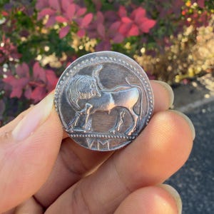 May include: A circular silver-toned metal coin or medallion featuring a relief engraving of a bull in profile. The edge is decorated with a beaded border, and the letters VM are clearly embossed at the bottom center of the circular surface.