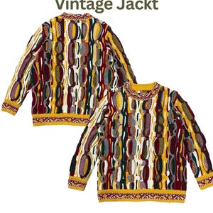 May include: A long-sleeve knit sweater featuring a complex, multi-colored vertical pattern in shades of mustard yellow, deep red, forest green, and cream. The garment includes a crew neckline and ribbed cuffs and hem with geometric detailing. Text reads: Vintage Jackt.