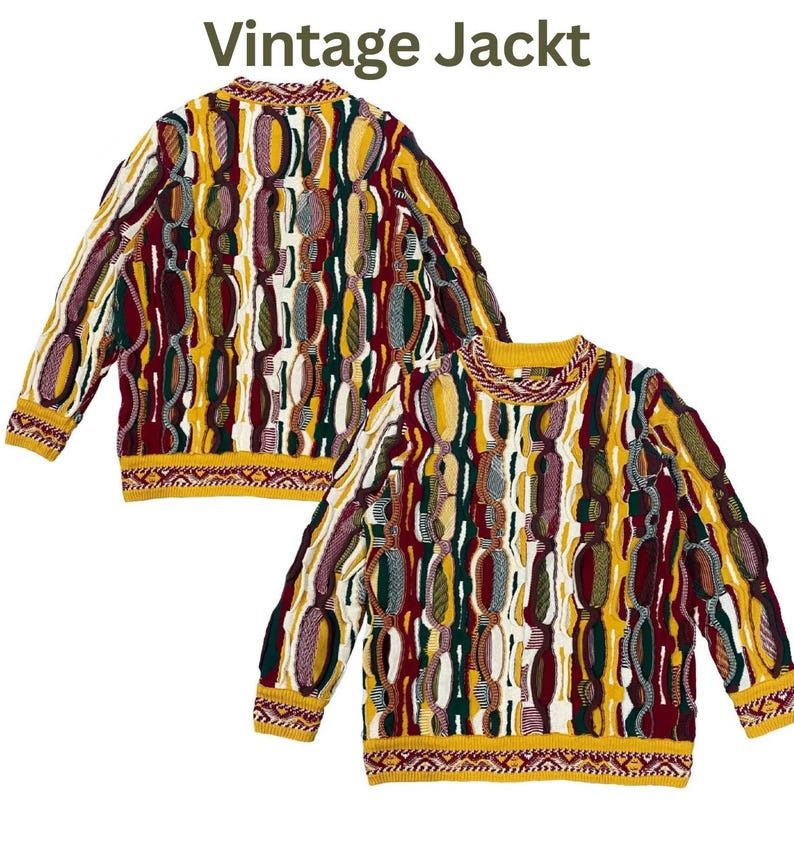 May include: A long-sleeve knit sweater featuring a complex, multi-colored vertical pattern in shades of mustard yellow, deep red, forest green, and cream. The garment includes a crew neckline and ribbed cuffs and hem with geometric detailing. Text reads: Vintage Jackt.