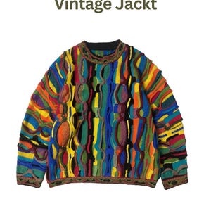 May include: A long-sleeve knit sweater featuring a complex, multi-colored geometric pattern in shades of blue, yellow, red, green, and black. The garment has a crew neckline and a textured, raised weave throughout. The text "Vintage Jackt" appears above.