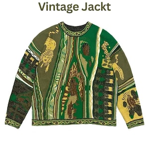 May include: A long-sleeve knit sweater featuring the text Vintage Jackt at the top. The garment displays a complex, multi-colored pattern in shades of green, yellow, and brown, incorporating various abstract shapes and a prominent lion graphic.