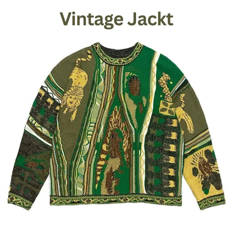 May include: A long-sleeve knit sweater featuring the text Vintage Jackt at the top. The garment displays a complex, multi-colored pattern in shades of green, yellow, and brown, incorporating various abstract shapes and a prominent lion graphic.