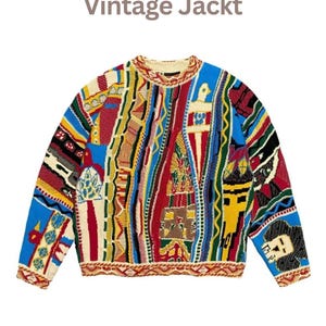May include: A long-sleeve knit sweater featuring a complex, multi-colored geometric and abstract pattern in shades of blue, red, yellow, green, and cream. The garment includes the text Vintage Jackt at the top and has a crew neckline.