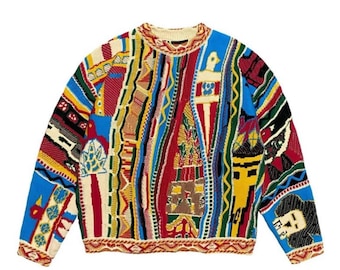 Vintage trui in Coogi-stijl, kleurrijke gebreide trui, retro jaren 90 streetwear-trui, Y2K-uniseks cadeau