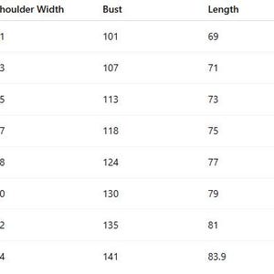 May include: A black and white sizing chart table displaying measurements for sizes XS through 4XL. The columns are labeled Size, Shoulder Width, Bust, Length, and Sleeve Length, with numerical values provided for each category in centimeters.