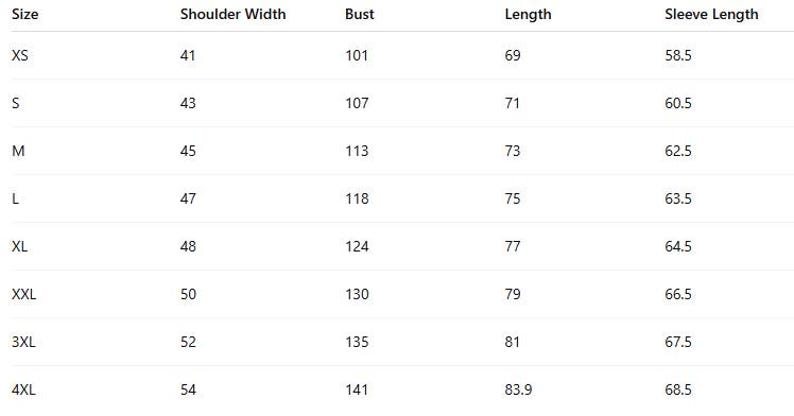 May include: A black and white sizing chart table displaying measurements for sizes XS through 4XL. The columns are labeled Size, Shoulder Width, Bust, Length, and Sleeve Length, with numerical values provided for each category in centimeters.
