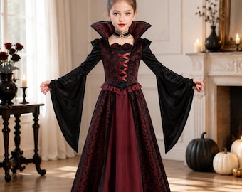 Dziewczęcy kostium wampira na Halloween, dziecięca gotycka sukienka wampira, kostium Drakuli dla dziewczynek, strój na imprezę halloweenową
