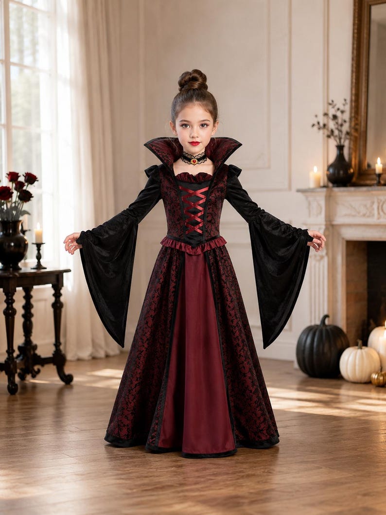 May include: A floor-length vampire costume dress featuring a high stand-up collar, long flared sleeves, and a bodice with a dark red and black damask pattern. The dress includes a solid dark red skirt panel, black velvet accents, and a lace choker.
