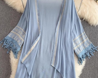 Boho Kimono Cardigan Women Lightweight Embroidered Lace Tassel Summer Beach Cover Up Loose Fit
