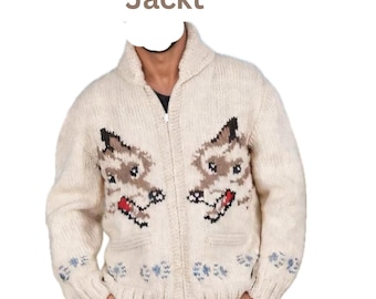 Wolf Cardigan for Men, Hand Knit Wool Sweater, Nordic Zip Up Cardigan, Vintage Canadian Knitwear