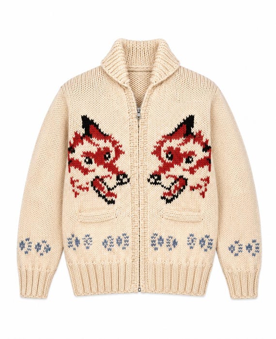 Men's Hand Knit Wool Wolf Cardigan, Vintage Nordic Canadian Zip Up Sweater