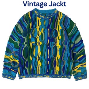 May include: A long-sleeve knit sweater featuring a multi-colored textured pattern in shades of blue, green, and yellow with raised vertical and circular knit details. The text "Vintage Jackt" is printed in dark blue above the sweater.
