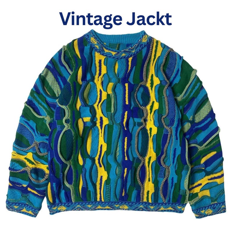May include: A long-sleeve knit sweater featuring a multi-colored textured pattern in shades of blue, green, and yellow with raised vertical and circular knit details. The text "Vintage Jackt" is printed in dark blue above the sweater.