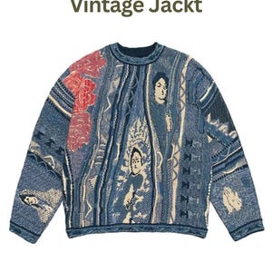 May include: A long-sleeve crew neck sweater featuring a complex knit pattern in shades of blue, cream, and red. The design includes abstract human faces and floral motifs integrated into the textured fabric. The text Vintage Jackt appears above.