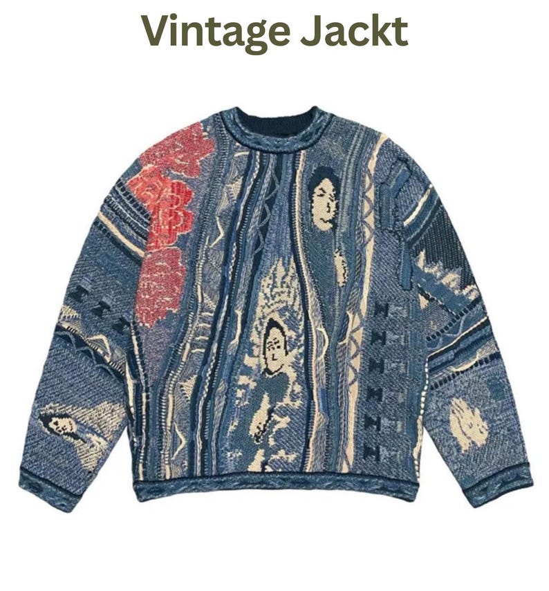 May include: A long-sleeve crew neck sweater featuring a complex knit pattern in shades of blue, cream, and red. The design includes abstract human faces and floral motifs integrated into the textured fabric. The text Vintage Jackt appears above.