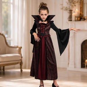 May include: A floor-length dress featuring a dark red and black patterned bodice with a high, stiff collar and a red lace-up front. The garment includes long, flared black sleeves, a ruffled waist detail, and a solid dark red central panel.
