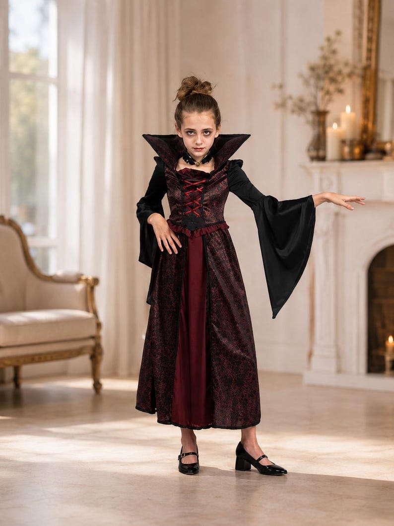 May include: A floor-length dress featuring a dark red and black patterned bodice with a high, stiff collar and a red lace-up front. The garment includes long, flared black sleeves, a ruffled waist detail, and a solid dark red central panel.