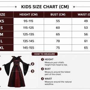 May include: A kids size chart in centimeters for a dark red and black dress. The table lists sizes XS through XL with corresponding height, bust, and waist measurements. Below, a diagram shows how to measure height, bust, and waist for the dress.