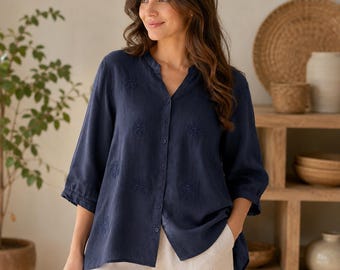 Camicetta da donna in lino ricamata, vestibilità ampia, con bottoni, tunica boho floreale, top estivo leggero in lino