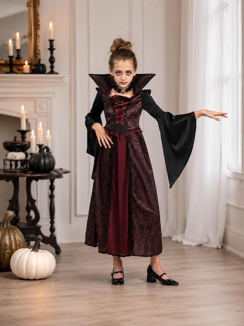 May include: A floor-length vampire costume dress featuring a dark red and black patterned bodice with a high collar, long flared sleeves, and a solid dark red skirt panel. The bodice includes a red lace-up detail and a black choker necklace.