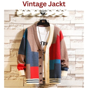Stickad kofta i färgblock, överdimensionerad kofta med knappar, vintage streetwear-jacka