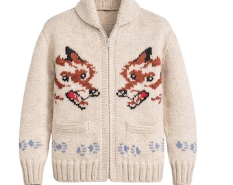 Men's Hand Knit Wool Wolf Cardigan, Vintage Nordic Canadian Zip Up Sweater