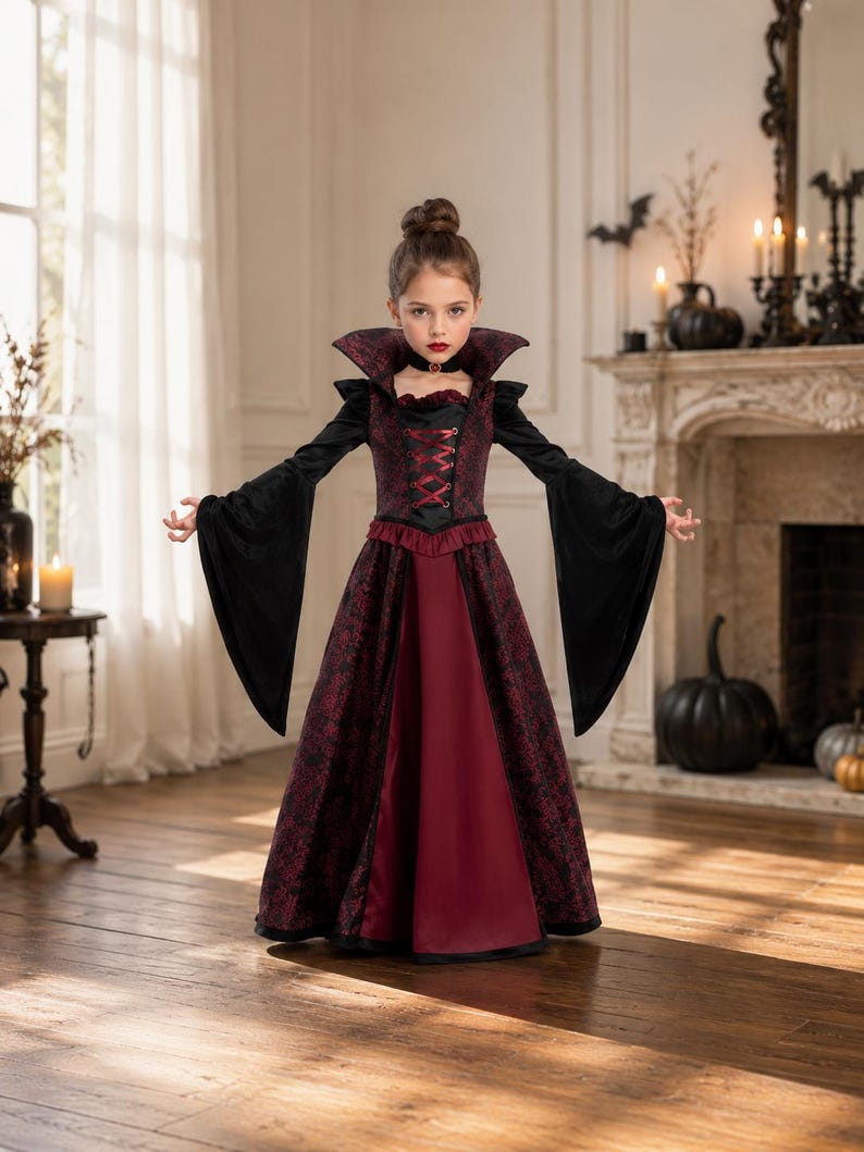 May include: A floor-length dress featuring a dark red and black damask pattern, a high standing collar, long flared sleeves, and a corset-style bodice with red ribbon lacing. The skirt has a solid deep red panel at the front and a black choker.