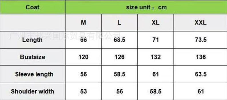 May include: A chart detailing coat measurements in centimeters. The chart includes sizes M, L, XL, and XXL, with measurements for length, bust size, sleeve length, and shoulder width. The text "Coat" and "size unit: cm" are at the top.