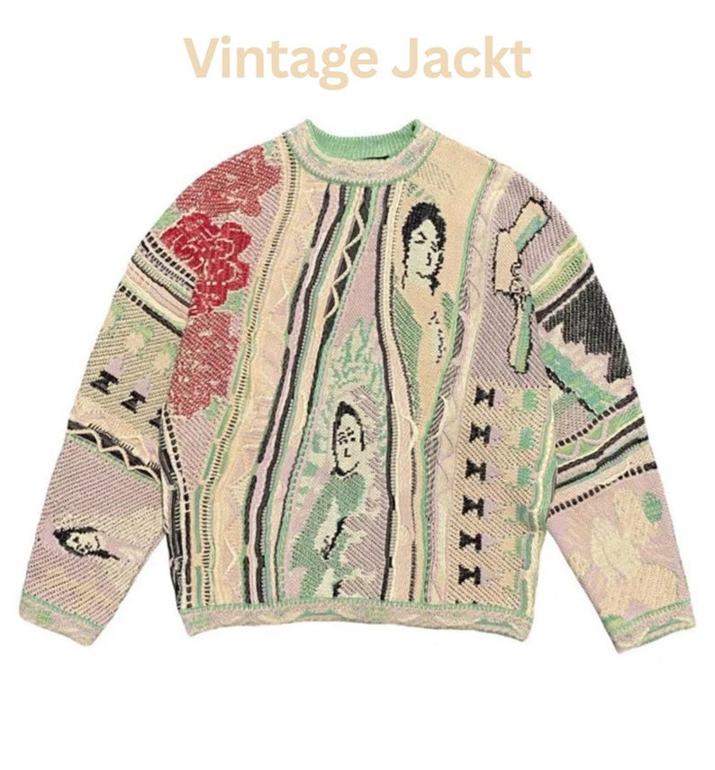 May include: A long-sleeve knit sweater featuring the text "Vintage Jackt" at the top. The garment displays a complex, multi-colored pattern including shades of cream, light green, lavender, and red, with abstract human figures and geometric shapes.