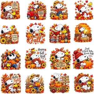 Puede incluir: Una colección de dieciséis ilustraciones digitales que presentan a Snoopy y Woodstock en varias escenas otoñales con calabazas, girasoles, follaje de otoño y textos como Coffee Leaves & Snoopy, Fall Vibes, Grateful Thankful Blessed, Fall, Happy Fall Y'all, Sweater Weather, Just A Girl Who Loves Fall, Hello Fall y Pumpkins Hayrides Happy Hearts.