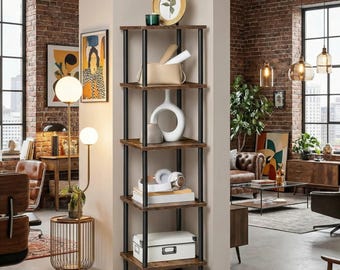 Rustic Industrial 5-Tier Corner Shelf | Space Saving Bookcase Storage Rack