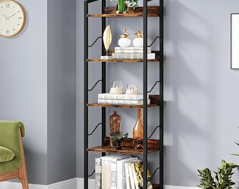 Rustic 5 Tier Tall Bookshelf | Slim Industrial Bookcase with Metal Frame & Edge Protection | Storage Display Shelf for Small Spaces