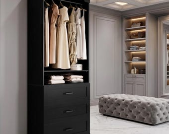 Freestanding Wardrobe Closet with Drawers & Hanging Rod | Bedroom Armoire | Wood Closet Organizer Storage Cabinet
