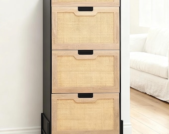 Rattan Drawer Cabinet | Scandinavian Tall Dresser | Boho Wood & Metal Storage | Bedroom Living Room Organizer