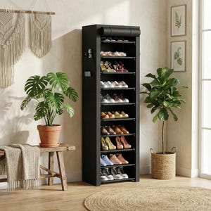 May include: A tall, black shoe rack with multiple shelves, filled with various shoes. The rack is in a well-lit room with plants and decorative wall hangings. The shoes include heels, sneakers, and flats, showcasing a diverse collection.