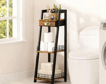 Slim 3 Tier Bathroom Storage Shelf with Drawer | Freestanding Ladder Organizer Rack | Space Saving Furniture for Small Bathroom Brown