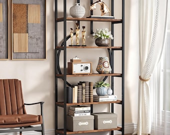 Industrial Style Tall Bookshelf 70.9” | 6-Tier Open Etagere Bookcase | Rustic Wood & Metal Storage Shelf for Living Room