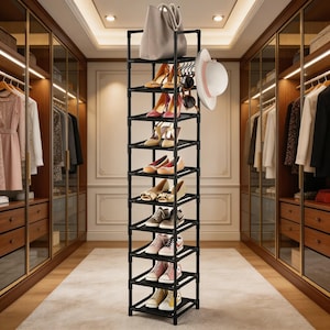 May include: A black metal shoe rack filled with various shoes, including heels and sneakers. A light gray handbag and a white hat hang on the top. Sunglasses hang on the side. The rack is in a walk-in closet.