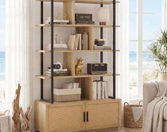 Bookshelf with Storage Cabinet | Modern Wood & Metal Bookcase | Living Room Display Shelf Organizer for Home Office Decor