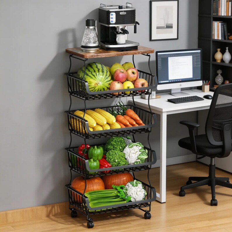 Rooling Produce Racks 5-tier Rolling Storage Cart With Wood Top | Metal Wire Organizer ...