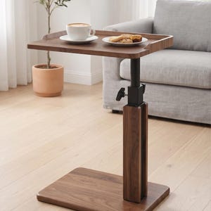 Adjustable Height C Table | Wood Sofa Side Table with Tilting Tray Top | Rotating Laptop Stand for Couch Bed Recliner