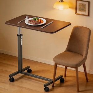 Adjustable Rolling Overbed Table, Woodgrain Laptop Desk, Hospital Bedside Tray