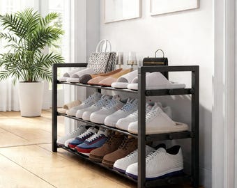 Expandable 3 Tier Shoe Storage Rack | Heavy Duty Metal Shoe Shelf Organizer | Adjustable Free Standing Rack for Entryway Closet