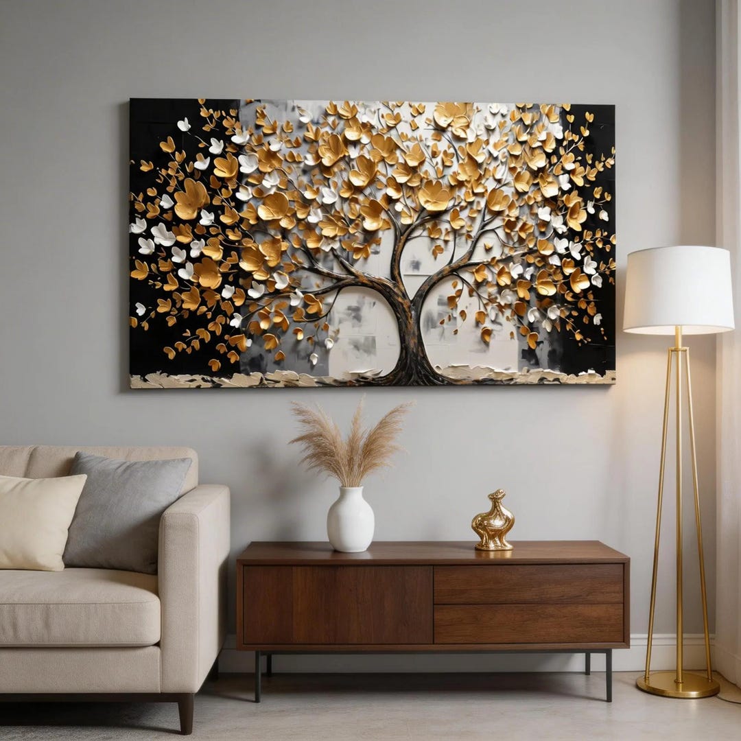 Modern Gold Tree Wall Art – 40x20” Abstract Canvas Print, Elegant ...