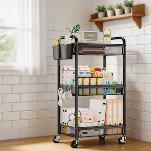 3-laags metalen rolwagen, mobiele opberger met wielen, haken, bekers