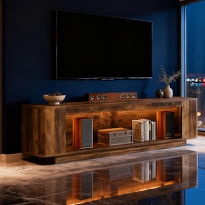 Rustic TV Stand with LED Lights 70" | Farmhouse Entertainment Center | Open Shelf Media Console | Living Room Storage wooden cabinet led