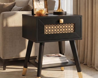 Black Nightstand with Drawer & Shelf, Mid Century Modern End Table, Gold Accent Bedside Table, Small Bedroom Furniture