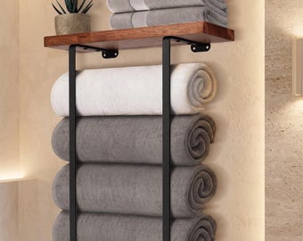 Wall Mounted Towel Rack with Shelf | Rustic Wood Bathroom Storage | Farmhouse Towel Holder for RV Gym and Bath