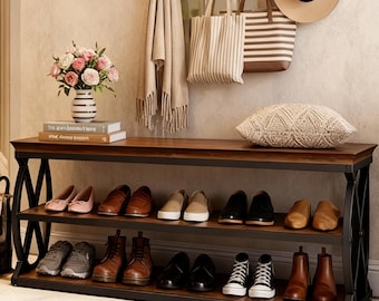 Industrial Shoe Bench with 3-Tier Storage Shelf | Rustic Wood & Metal Entryway Bench | Shoe Rack Organizer | gift for housewarming